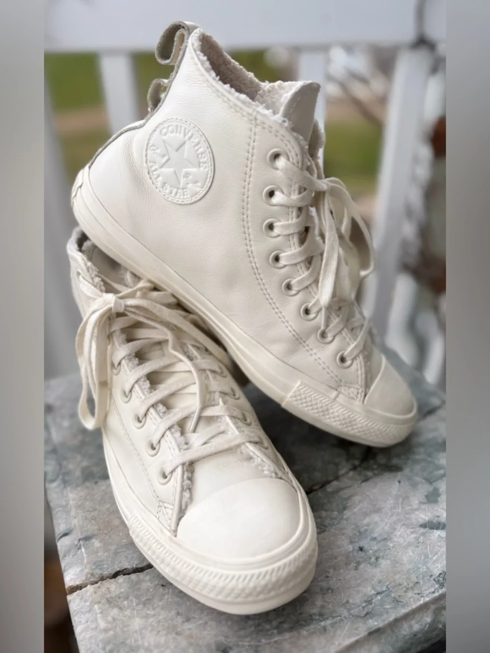 Converse White Leather High Top Sneakers w/ Sherpa Lining Cozy Clean - Picture 1 of 7
